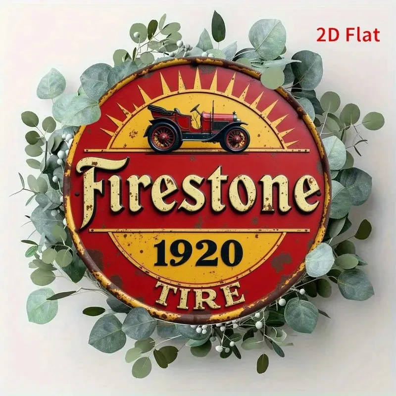 [2D Flat] Vintage Firestone 1920 Tire Sign - Round Wall Art, Rustic Car Decor with Red & Yellow Design, Easy to Hang for Garage