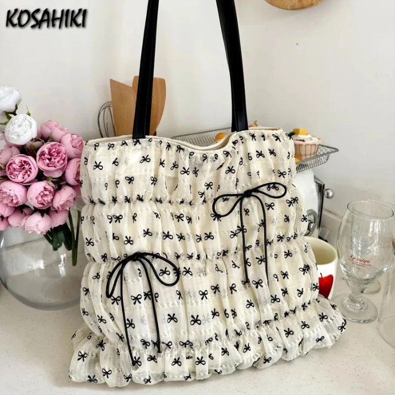 

Korean Sweet Y2k Aesthetic Chic Bow Print Underarm Bag Women Fashion Fairy Pleated Handbags Casual All Match Cute Shoulder Bags