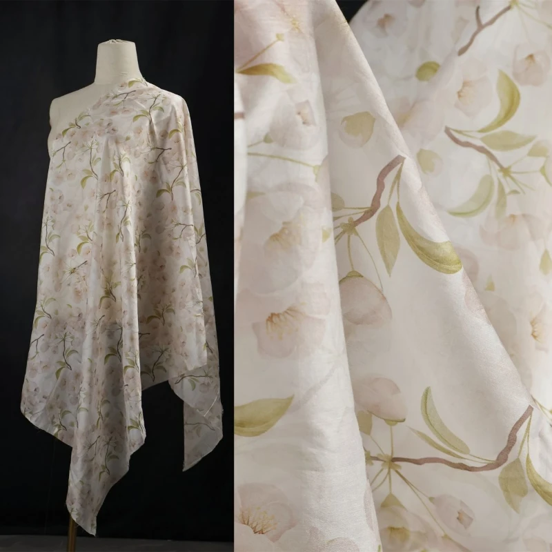 

Sweet and Lovely Pink Peach Blossom White Base Semi Transparent Hanging Printed Fabric Hanfu Dress Fabric