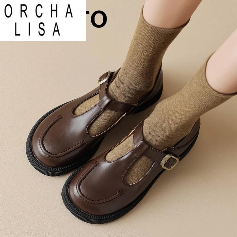

ORCHA LISA Женские туфли Мэри с круглым носком и пряжкой, Т-образным ремешком для отдыха, большие размеры 41, 42, 43, милые лаконичные студенческие туфли на плоской подошве для девочек