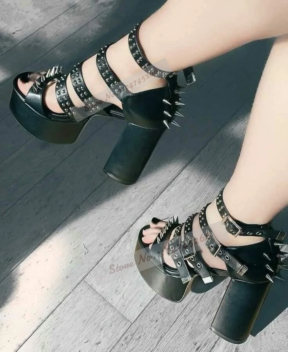 

Black Matte Chunky Heel Long Spikes Sandals High Platform Metallic Studded Dress Shoes Fire Flame Buckle Straps Rivets Pumps