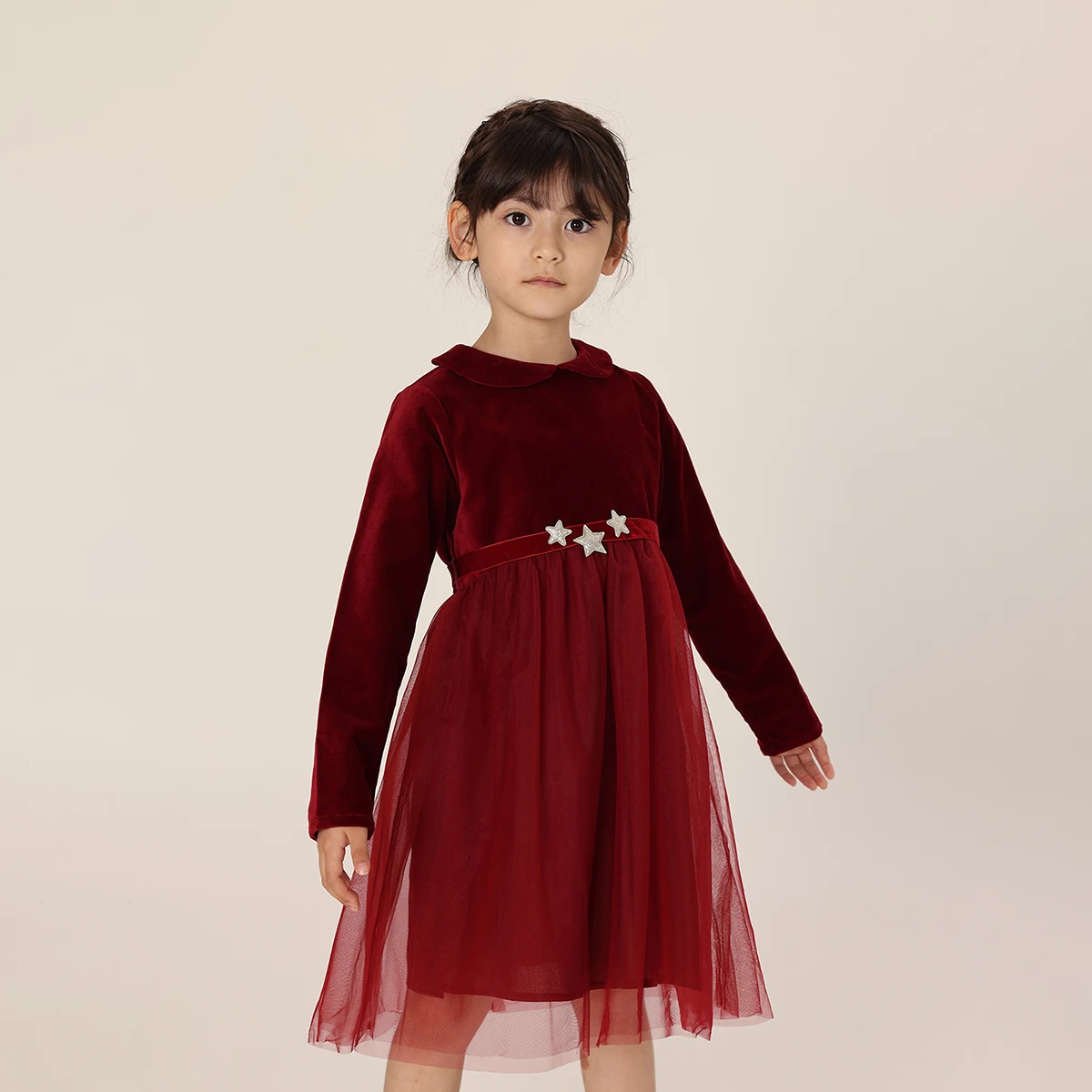 MARC&JANIE Girls Doll Neck Mesh Velvet Dress for Autumn & Winter French Series 231578