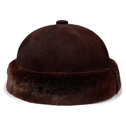 Autumn Winter Hats For Men Genuine Leather and Fur Integrated Retro Skull Caps Male Outdoor Fleece Warm Hood Cabbie Bonnet