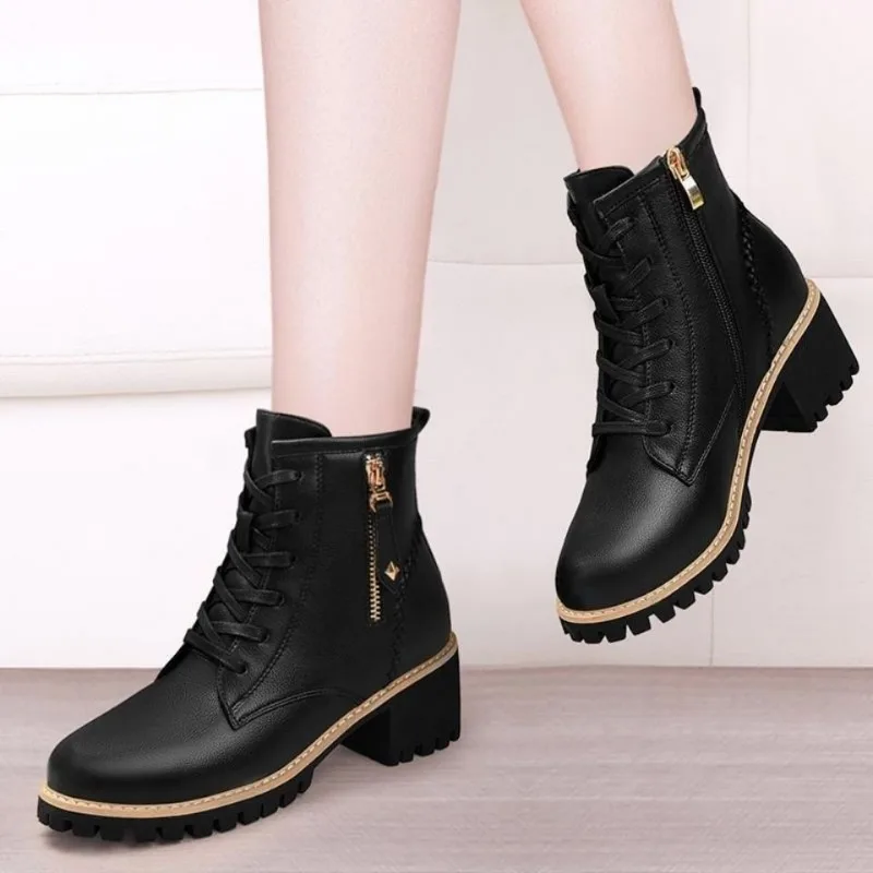 

Hot Selling Women Shoes with Heel Boots Ankle Trend Autumn British Style Leather Thick Fur Ladies Short Boot Winter Footwear