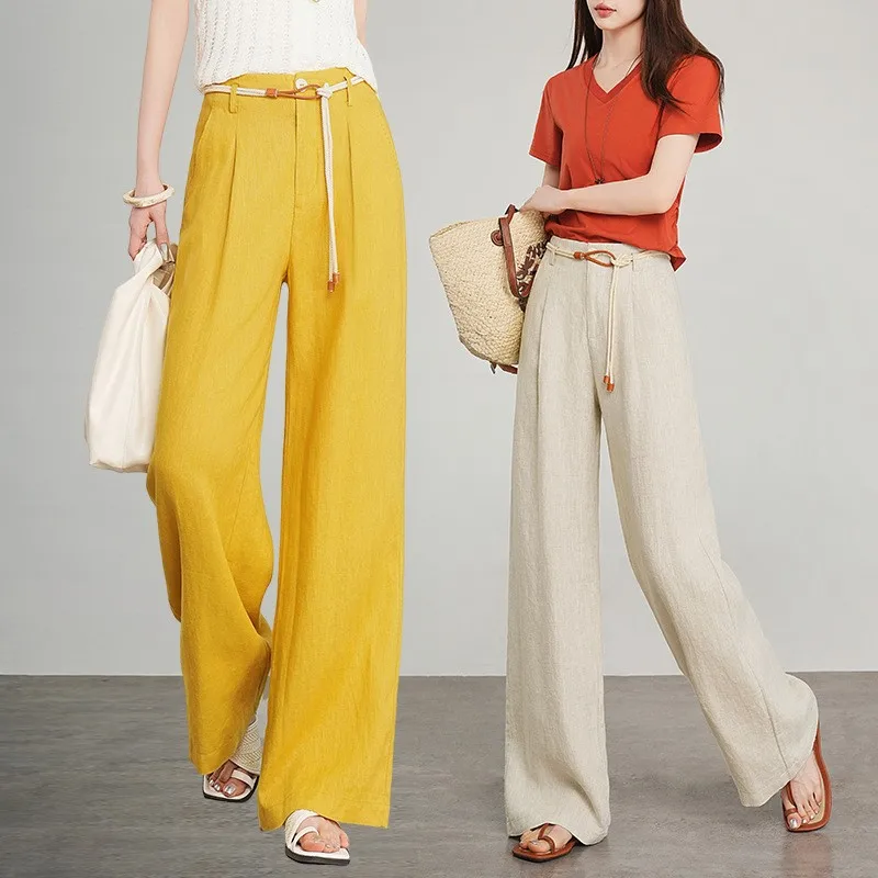 Pantalones de pierna ancha de lino puro para mujer, novedad de verano, pantalones holgados informales hasta el suelo, cómodos, de cintura alta, para ir al trabajo