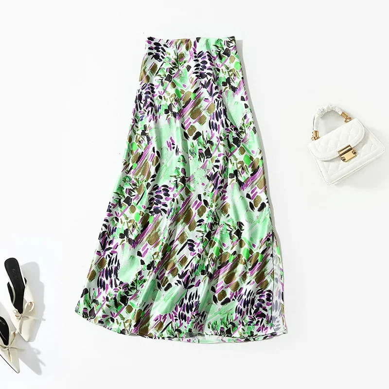 

Printed Acetic Acid Satin Summer Skirt Womens s Elegant Temperament High Waisted Slim A-line Mid Long Female Clothing