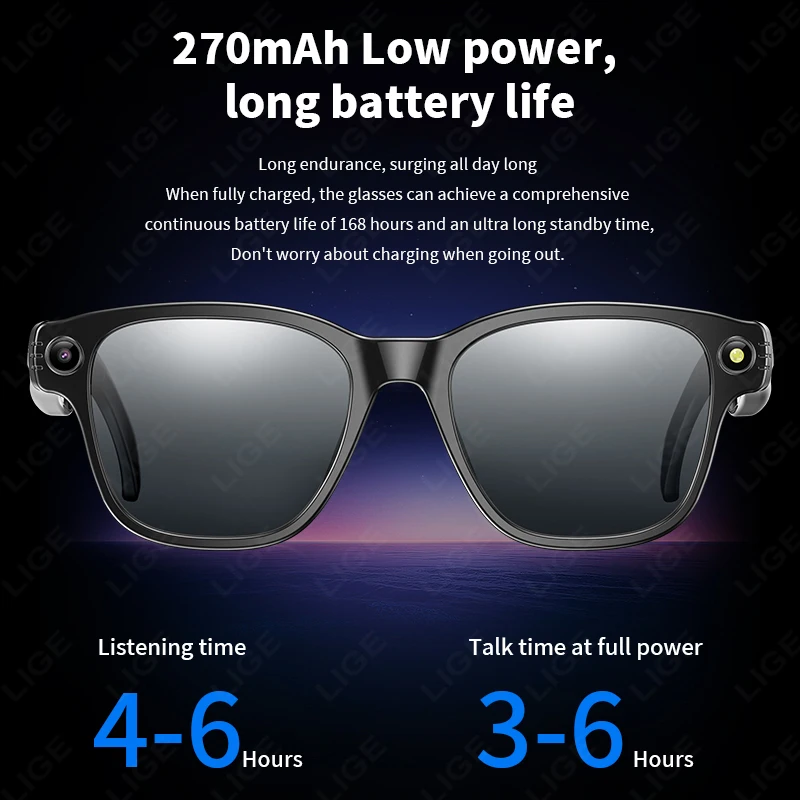 LIGE nuevas gafas inteligentes AI con cámara de 8MP asistente de voz 270mAh gafas de sol deportivas Bluetooth llamada vídeo reproducción de música para hombres y mujeres