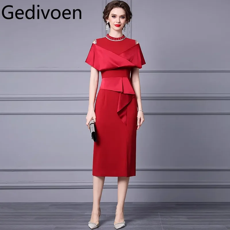 

Gedivoen Summer Fashion Runway Designer Dresses Women's Luxury Temperament Nail Bead Strapless Side Split Dresses Sizes L-5XL