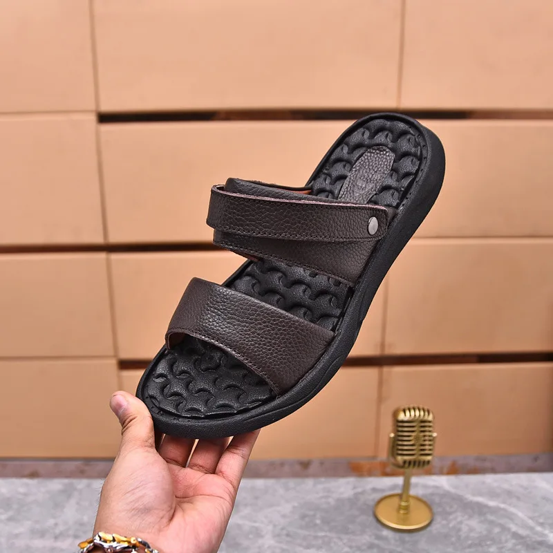 2024 Genuine Leather Sandals Men's Summer Soft Sole Anti-slip Wear-Resistant Sandals Upper Layer Cowhide Driving Beach Shoes