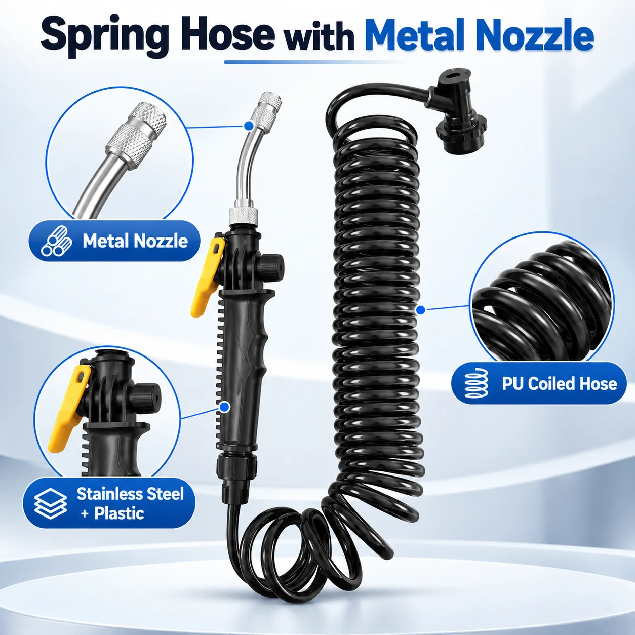 6M PU Coiled Hose Car Wash Spray Gun with Metal Nozzle, Adjustable Sprayer for PPF Vinyl Wrap Installation and Auto Detailing