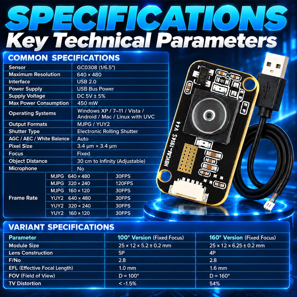 Moduł kamery USB GC0308 120FPS USB2.0 Bez Sterowników 50 80 100 160 Stopni 640x480 HD 0.3 Megapiksele dla Linux Android Win 7 8 10 — zdjęcie produktu 4