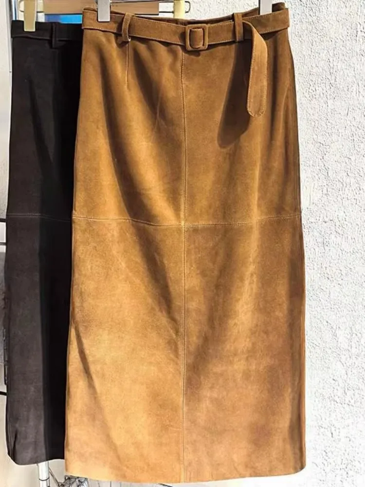 Fashion Ladies Leisure Style Solid Color Genuine Leather Suede Skirts High Waist Belt Sheepskin Handmade Knee Length Skirt