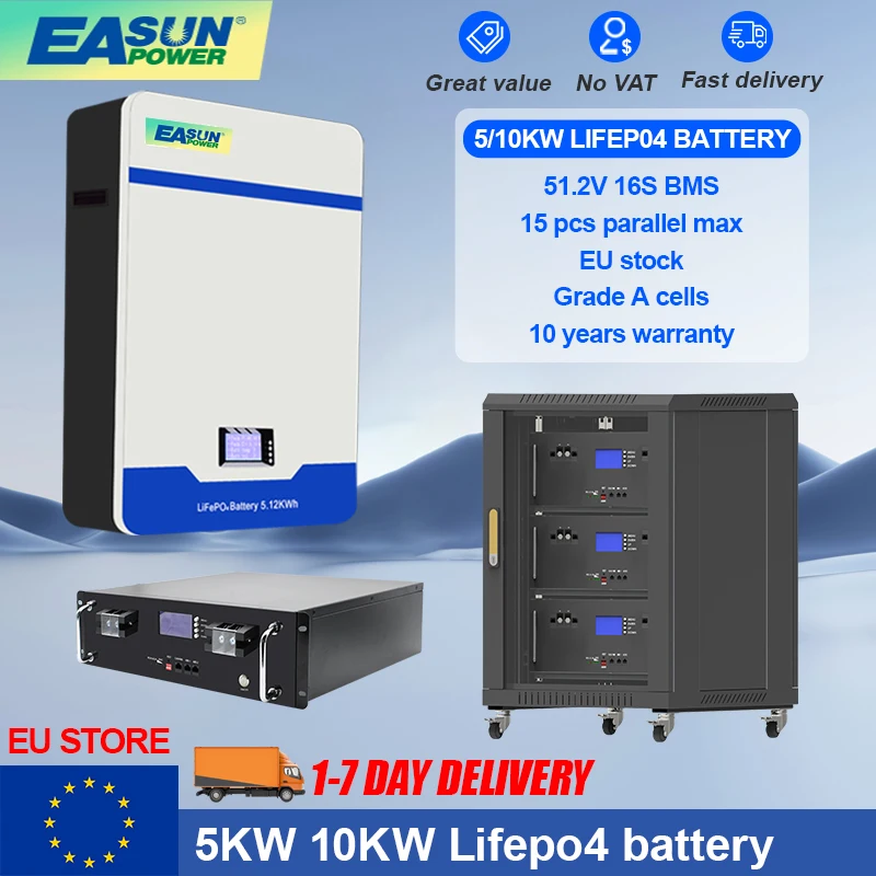 EASUN Lifepo4 Battery Powerwall 10KWH Parallel Lithium Iron Solar Battery 6000 + Cycle 51.2V 100Ah/5kWh 48V 200Ah No TAX In EU