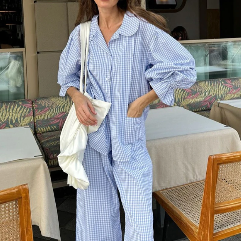 Summer Women's Fashion Loose Plaid Cotton Pajamas 2 Pieces Set Elegant Long Sleeve Shirt with High Wiast Wide Pants Set Female