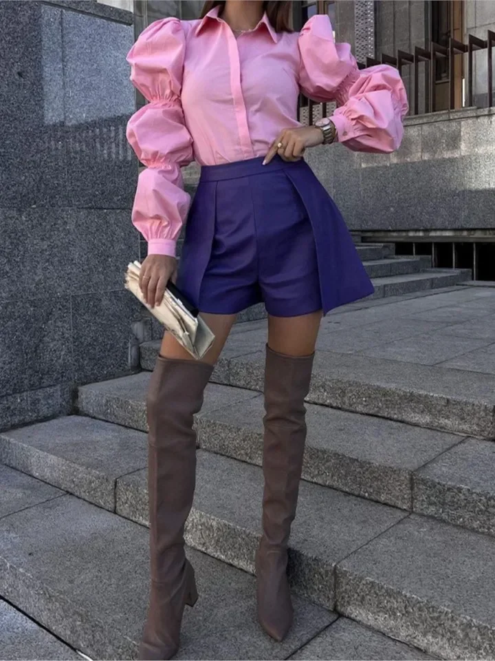 Solid Color Bubble Sleeves Summer New Fashion Style Loose Long Sleeved Collar Professional Casual Single Breasted Shirt