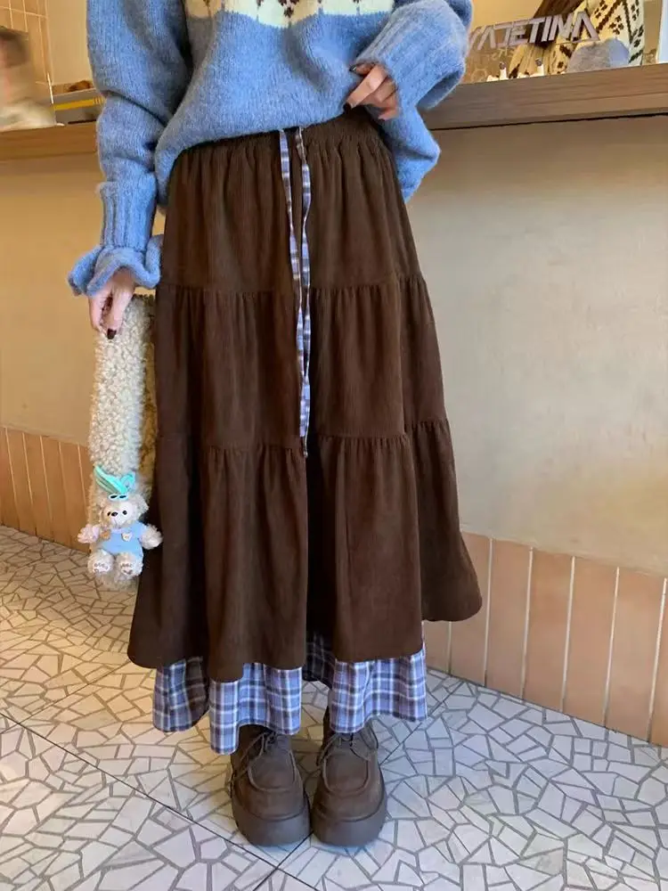 

Fake Two Piece Plaid Skirt Women Vintage Elegant Preppy Style Midi Skirts Harajuku Autumn Casual Streetwear A-line Skirts Korean