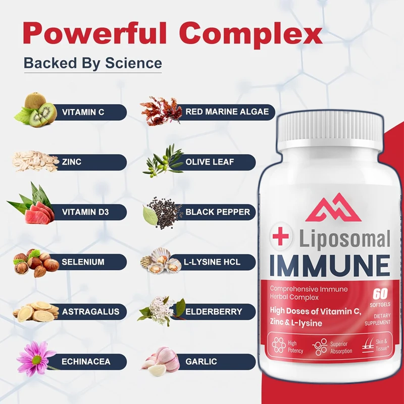 Advanced liposome immune supplement, containing 1500mg of L-lysine complex, vitamins, minerals, and herbal extracts, 60 capsules