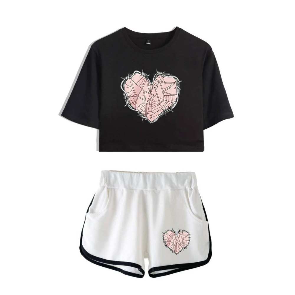 XPLR Sam and Colby Web Heart Women T-shirt Navel Tee Cotton Two Piece Set Short Sleeve Cropped Top+Shorts Casual Women's Sets