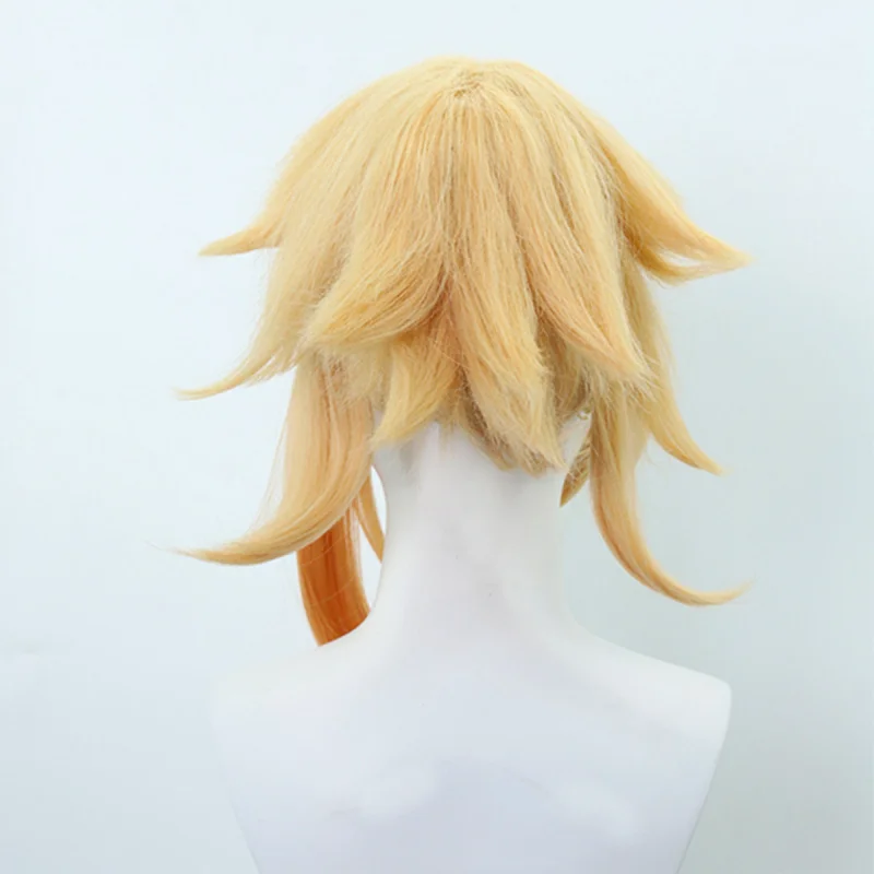 أنيمي شعر مستعار Genshin تأثير شياو قصر شعر مستعار تأثيري مزيج خاص الذهب 50 سنتيمتر كبير فروة الرأس النمر الفم كليب شعر مستعار التصميم