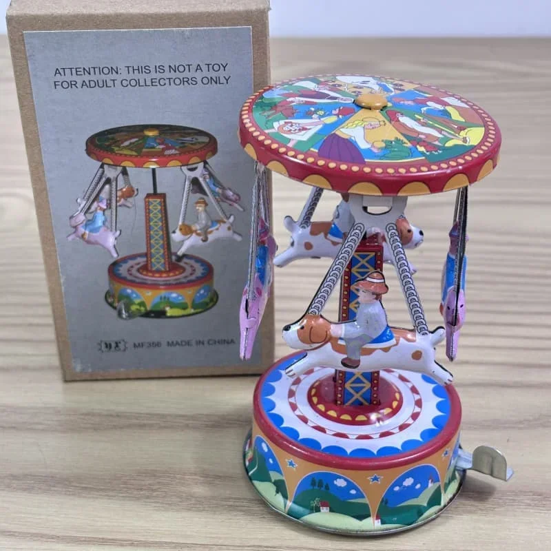 

Adult Collection Retro Wind up toy Metal Tin amusement park carousel Rotating animal Mechanical Clockwork figure Funny gift