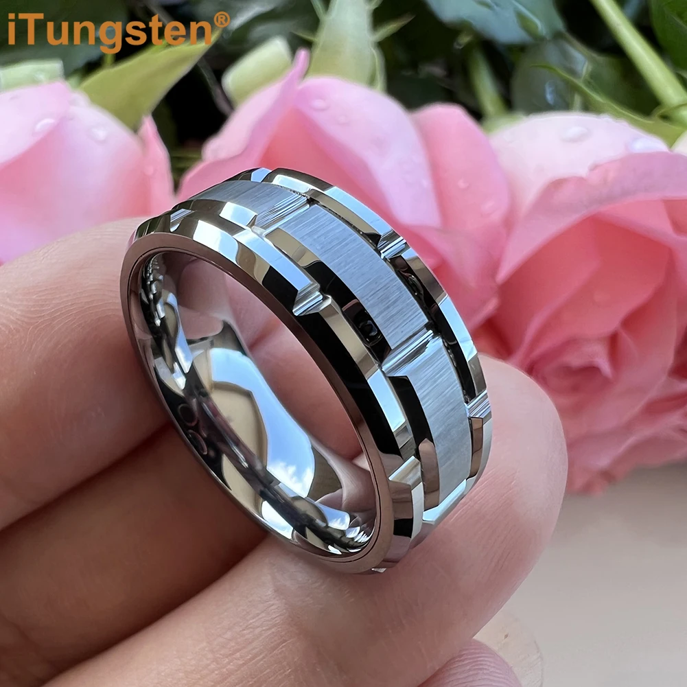 iTungsten 8mm Mens Tungsten Wedding Ring Brick Pattern Black Plated Brushed Finish Engagement Band Comfort Fit