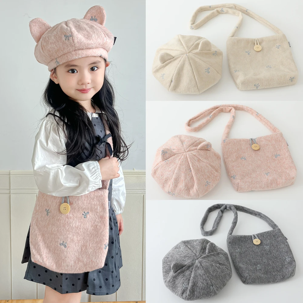 

2Pcs Children Beret Hat Bag Set Embroidery Bows Kids Girl Cap with Ears Princess Autumn Winter Wool Hat for Girls Gift 3-8Y