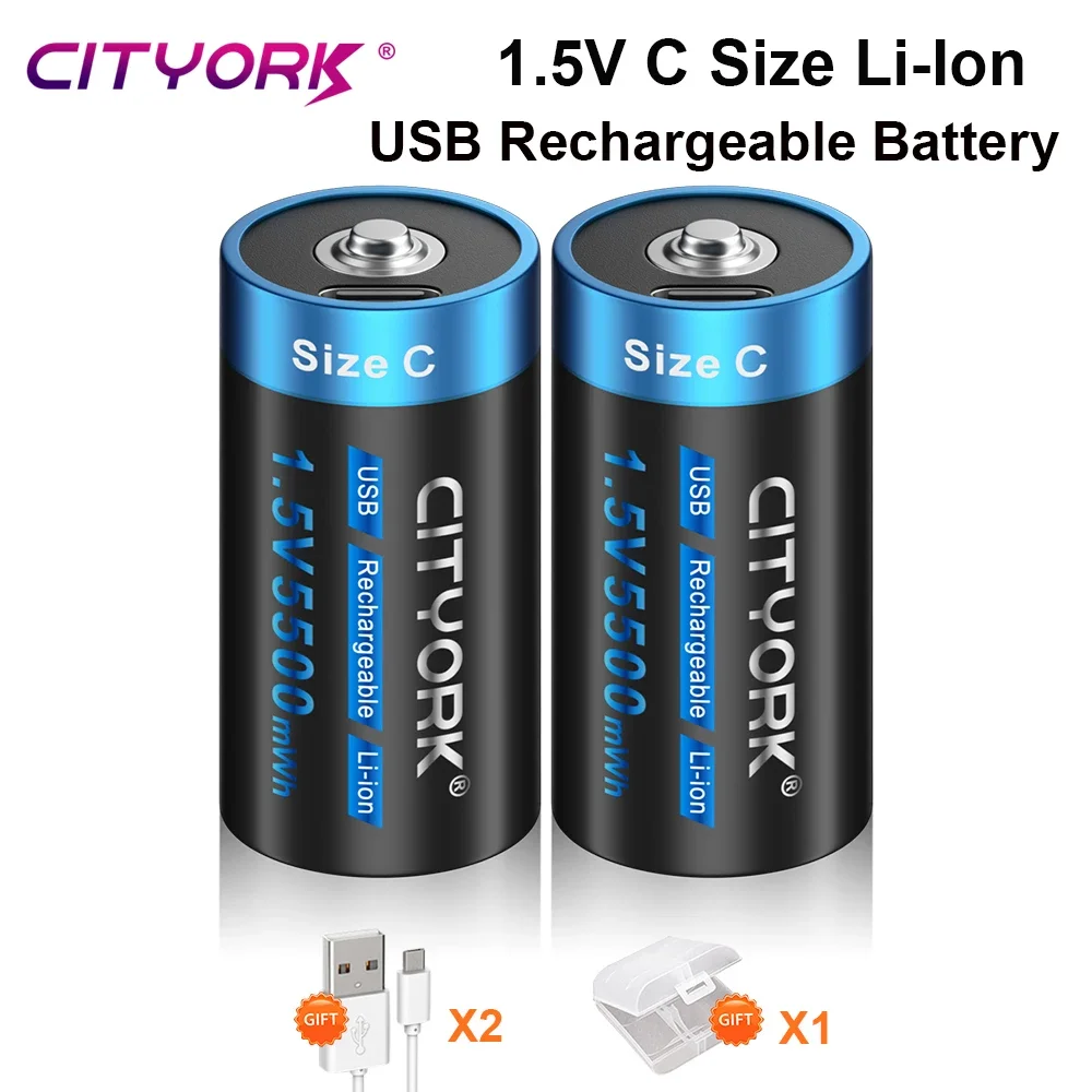 CITYORK 1.5V C Size Rechargeable Li-Ion Battery LR14 R14 C Cell Battery Type C USB Rechargeable Batteries for Radio Flashlight