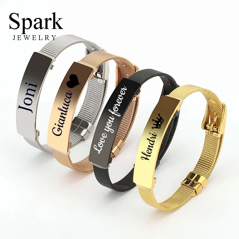 

Spark Personalized Name Geometry Engrave Multilingual Word Stainless Steel Mesh Bracelets for Men Women Adjustable Accessories