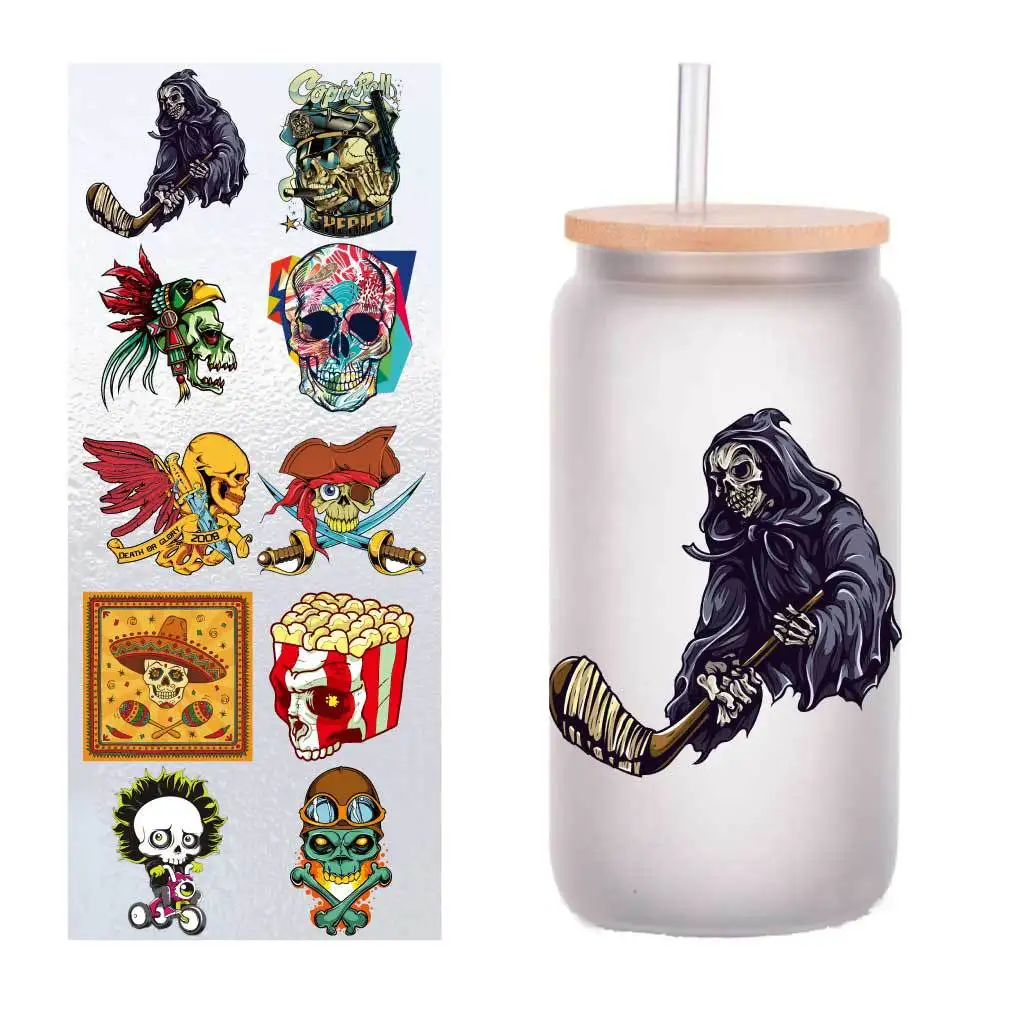 

10 pieces/pack cartoon color skull UV transfer sticker Crystal label glass sticker customized four inches