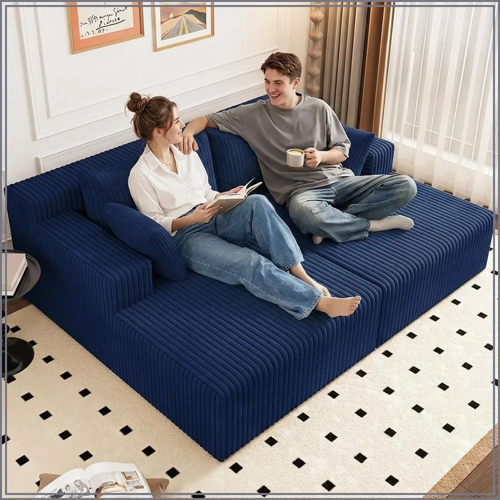 2 Pcs Corduroy Chaise Lounge Oversized 2 Seater, Sofa Bed, Deep Seat Indoor Living Room