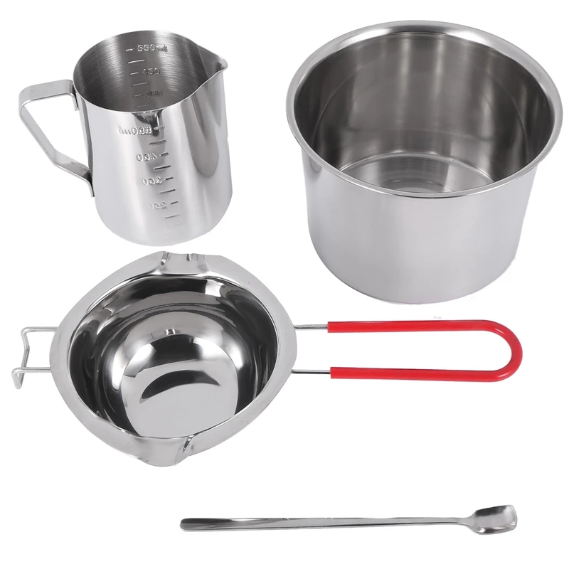 4 Set Stainless Steel Double Boiler Long Handle Wax Melting Pot, Pitcher & Mixing Spoon