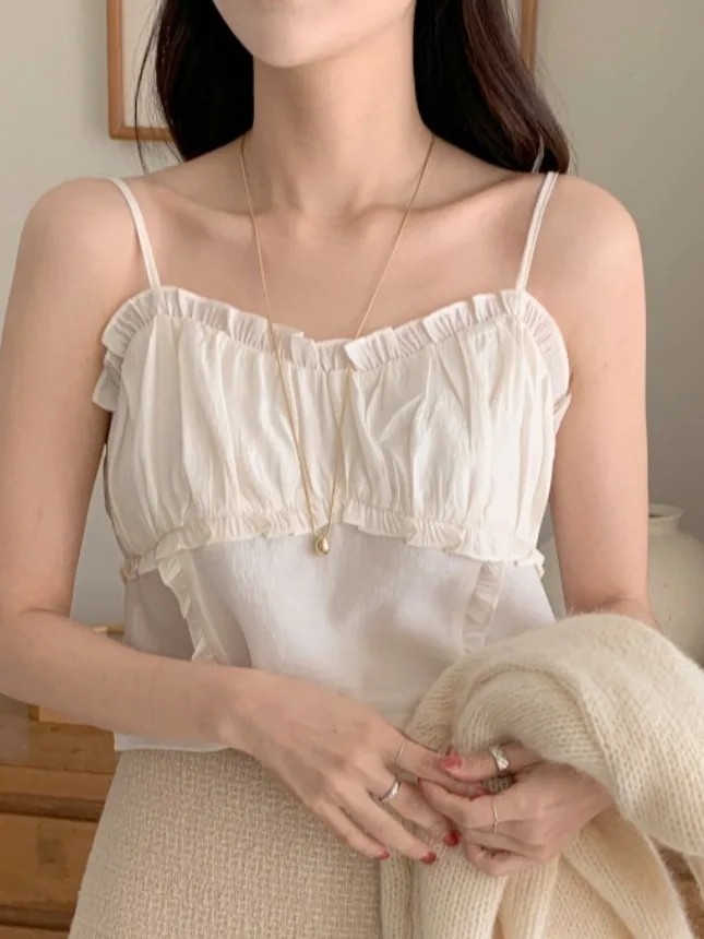 

Sweet Youthful Splice Gored Lace Trim Vest Strap Women Summer New Folded Versatile Top Pure Color ort Length Regular Thin