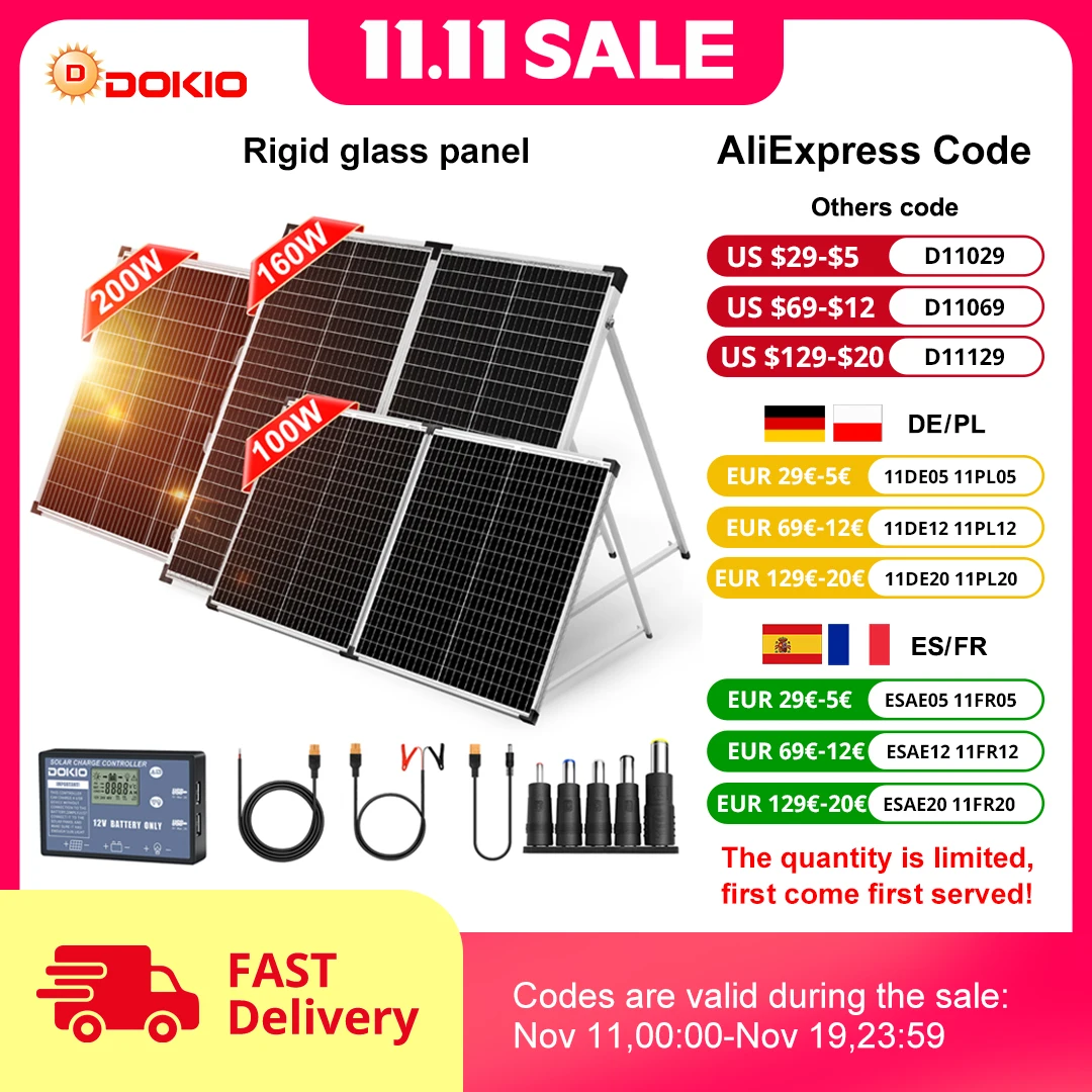 Dokio 100W 160W 200W Foldable Solar Panel China 10A/20A 12V Controller Folding Solar Panel Cell/System Charger Solar Panel
