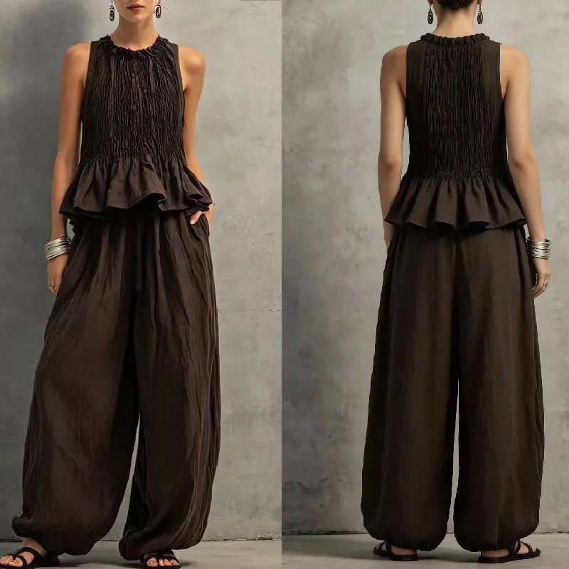 Women Vintage 2 Piece Outfit Retro Sleeveless Smocked Pleated Ruffle Top + Lantern Wide Leg Pants Casual Summer Loungewear Set