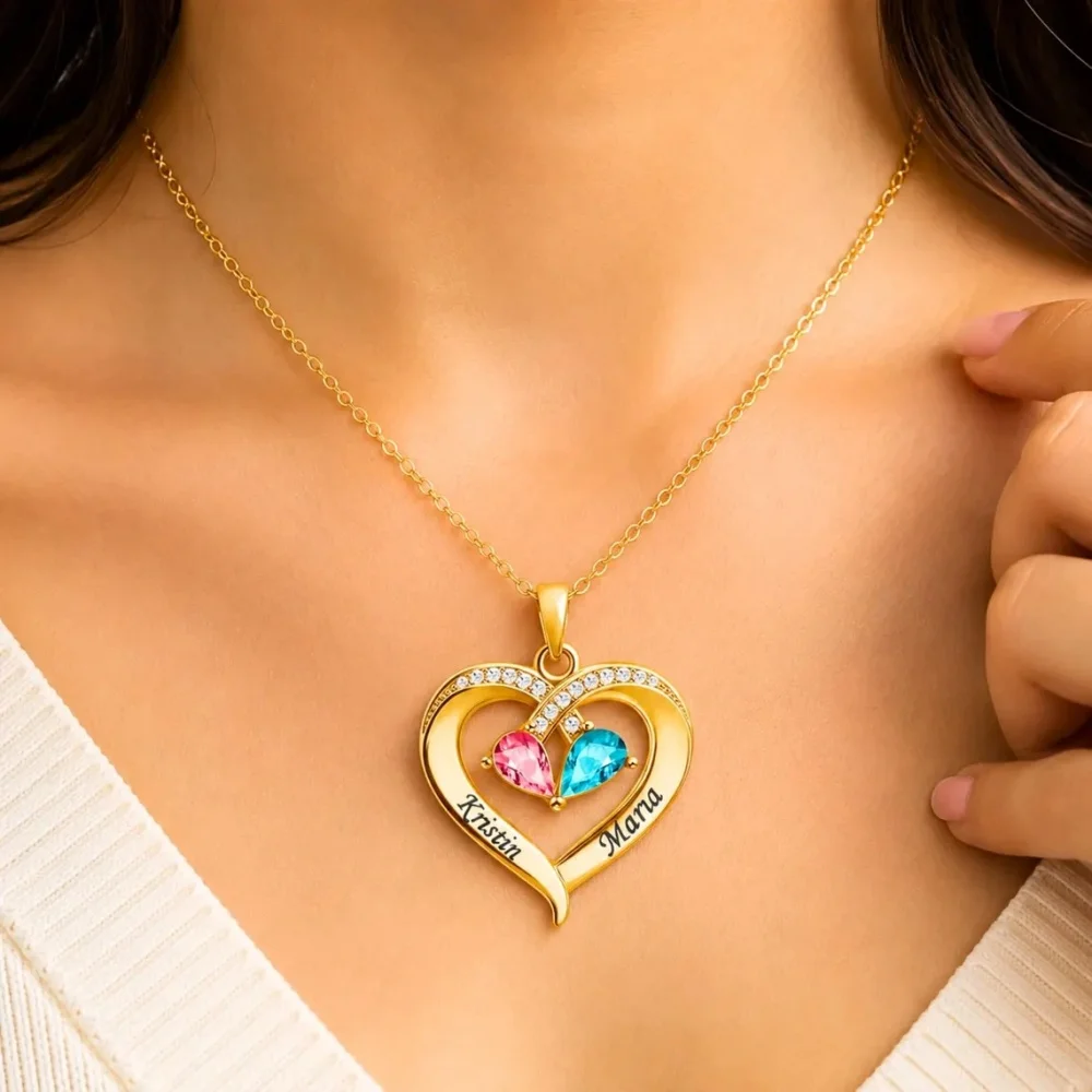 Image of Personalisierte Namenskette mit Zirkonia-Herz, Geburtsstein-Halskette mit zwei Namen, Edelstahlschmuck, Geschenk für Sie