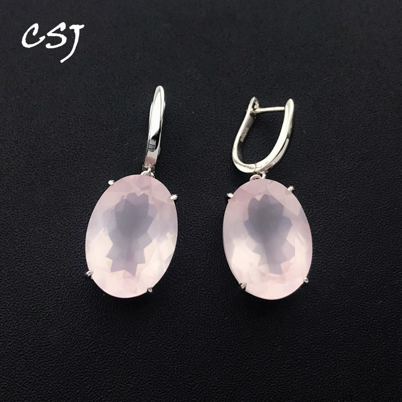 

CSJ Big Stone 23ct Rose Quartz Earrings Sterling 925 Silver Natural Gemstone 13*18mm for Women Birthday Party Jewelry Gift