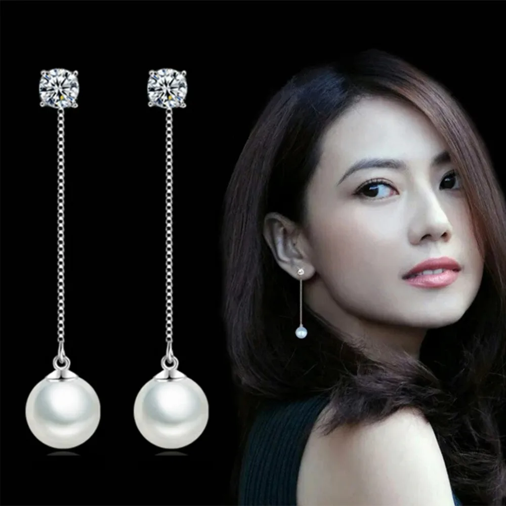 Fashion Silver-color Simulated Pearl Pendant Long Chain Cubic Zirconia  Earrings Bridal Wedding  Jewelry Drop