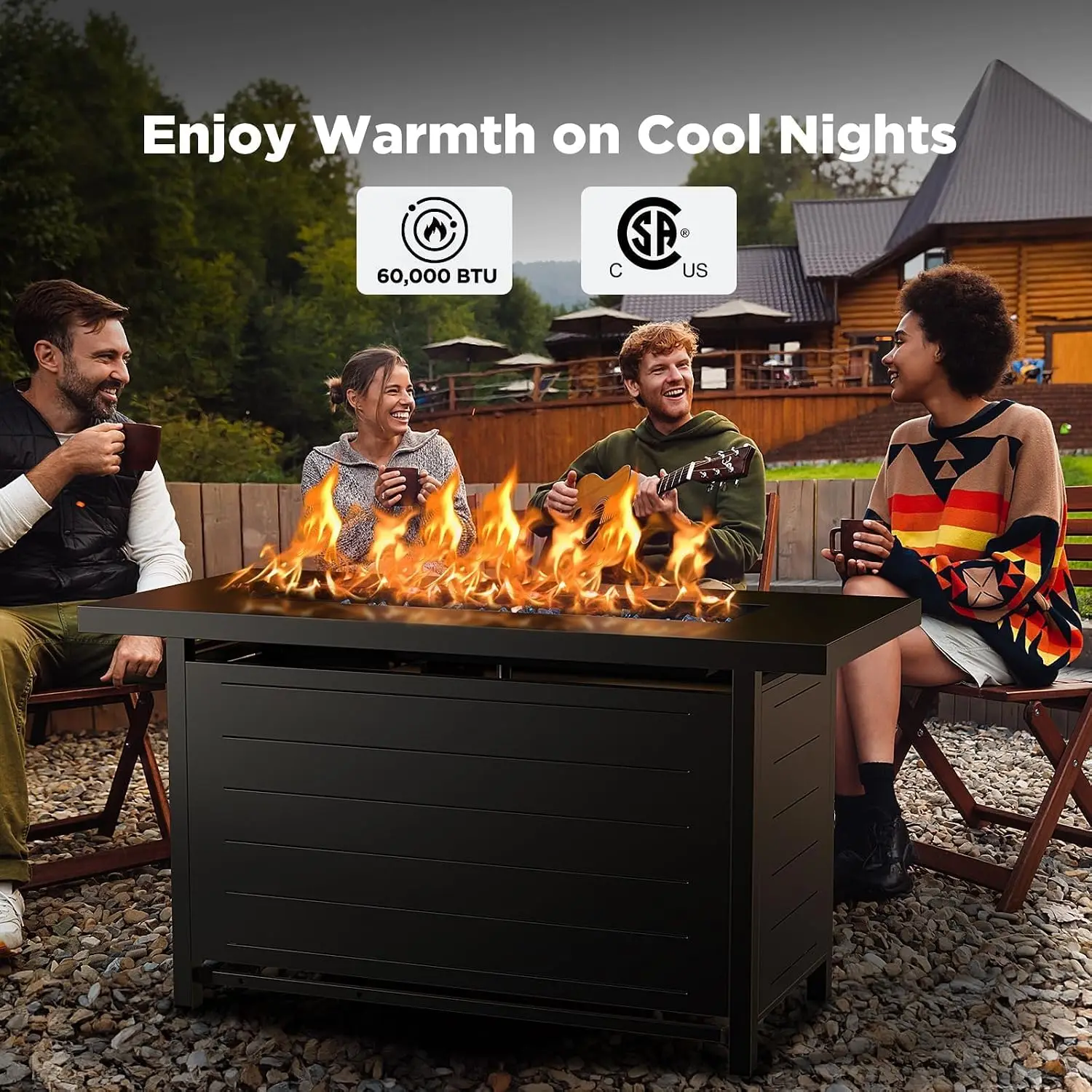 43-Inch Propane Fire Pit Table with Glass Beads & Lid, CSA-Certified Gas Fire Pit with Cup Holders, Shelf & Nylon Cover