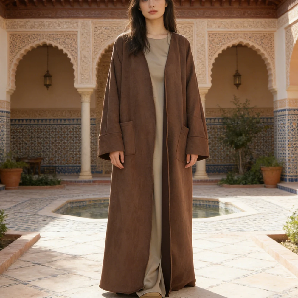 

Turkey Dubai Djellaba Suede Cardigan Dress Muslim Women Open Abaya Kimono Kaftan Eid Kebaya Islam Clothing Arabic Robe Jalabiya