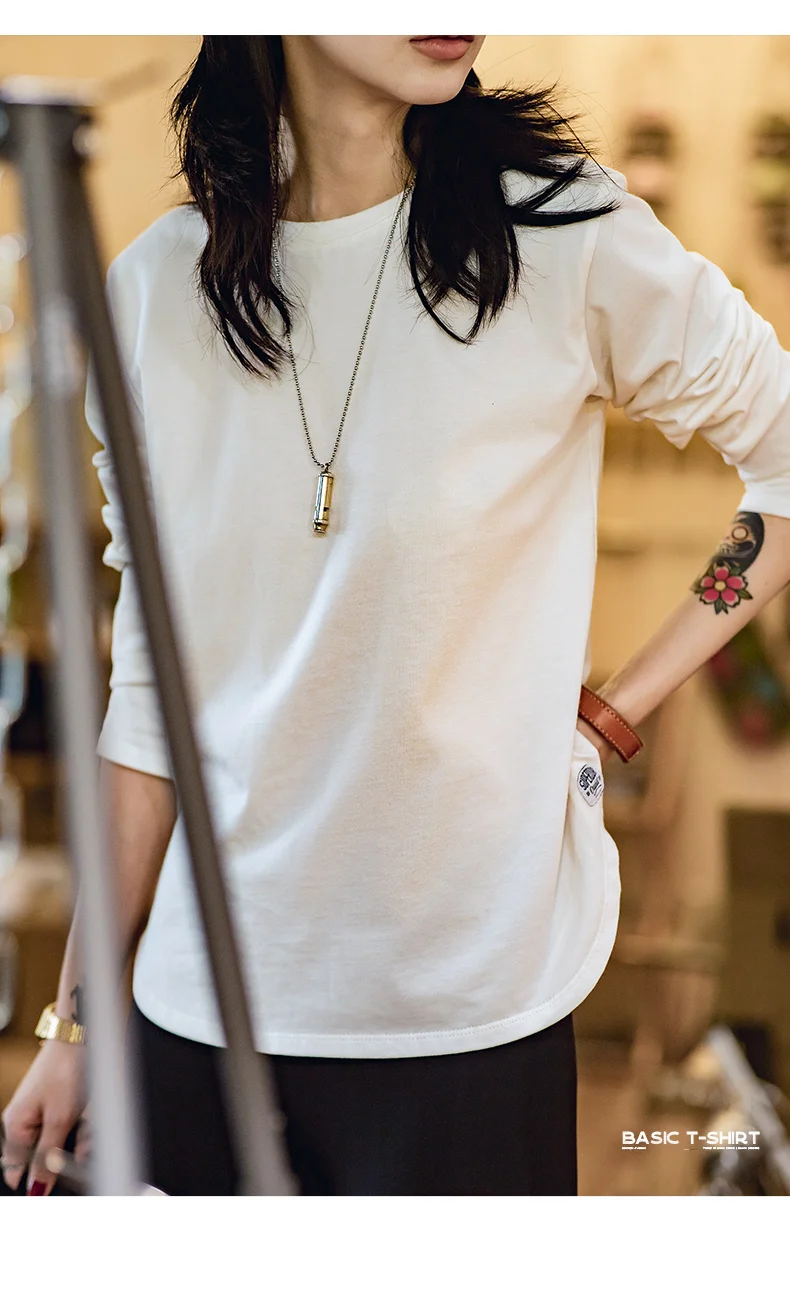Maden Long Sleeve Basic T-Shirt for Women Round Collar Cotton Tops Loose Fit Solid Color Tees Oversized T-shirts