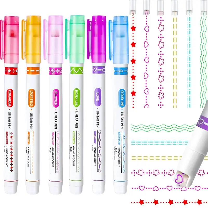 6Pcs/Set Flower Line Shape Highlighter Pen Roller Tip Curve Liner Marker Kawaii Stationery For School Office Home Supplies Gifts