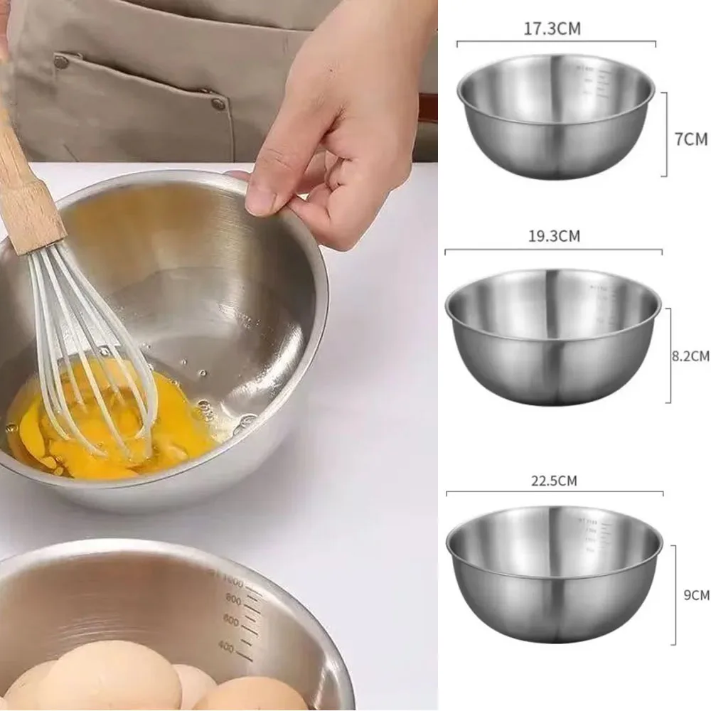 Stainless Steel Bowl Set with Scale for Cooking Baking Food Storage Large Capacity Mixing Bowls for Home Kitchen Essentials 3PCS