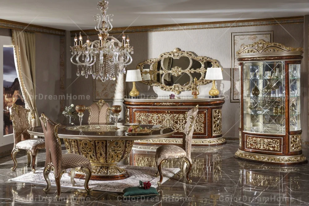 أثاث على طراز الروكوكو خزانة جانبية ذهبية خزانة خشبية منحوتة كلاسيكية خزانة جانبية للمطعم الأوروبي