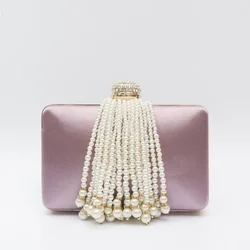 Women Pearl Tassel Satin Evening Bag Wedding Prom Party Sweet Hand Bags Luxury Diamond Hasp Clutch Vinho Ladies Elegant Purses