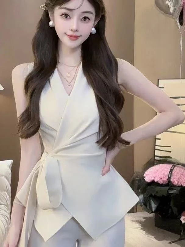 

Модный женский топ с поясом и V-образным вырезом, приталенный, летняя новинка от Bai Man Xin