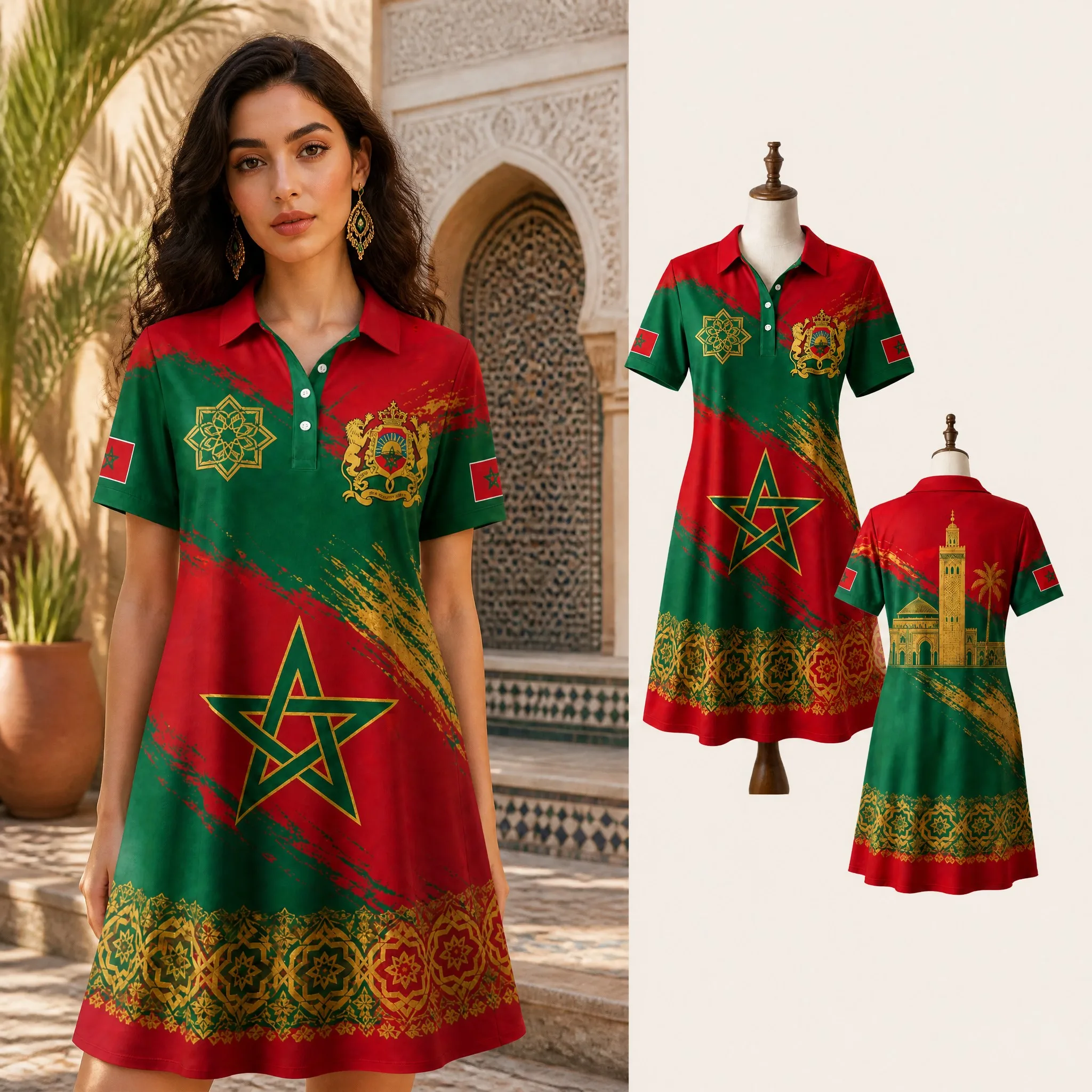 Robe Polo Femme Marocaine Rouge et Verte à Imprimé Carreaux Dorés, Manches Courtes, Coupe Décontractée Trapèze, Style Héritage, Idéale pour l'Été et les Voyages, Usage Quotidien