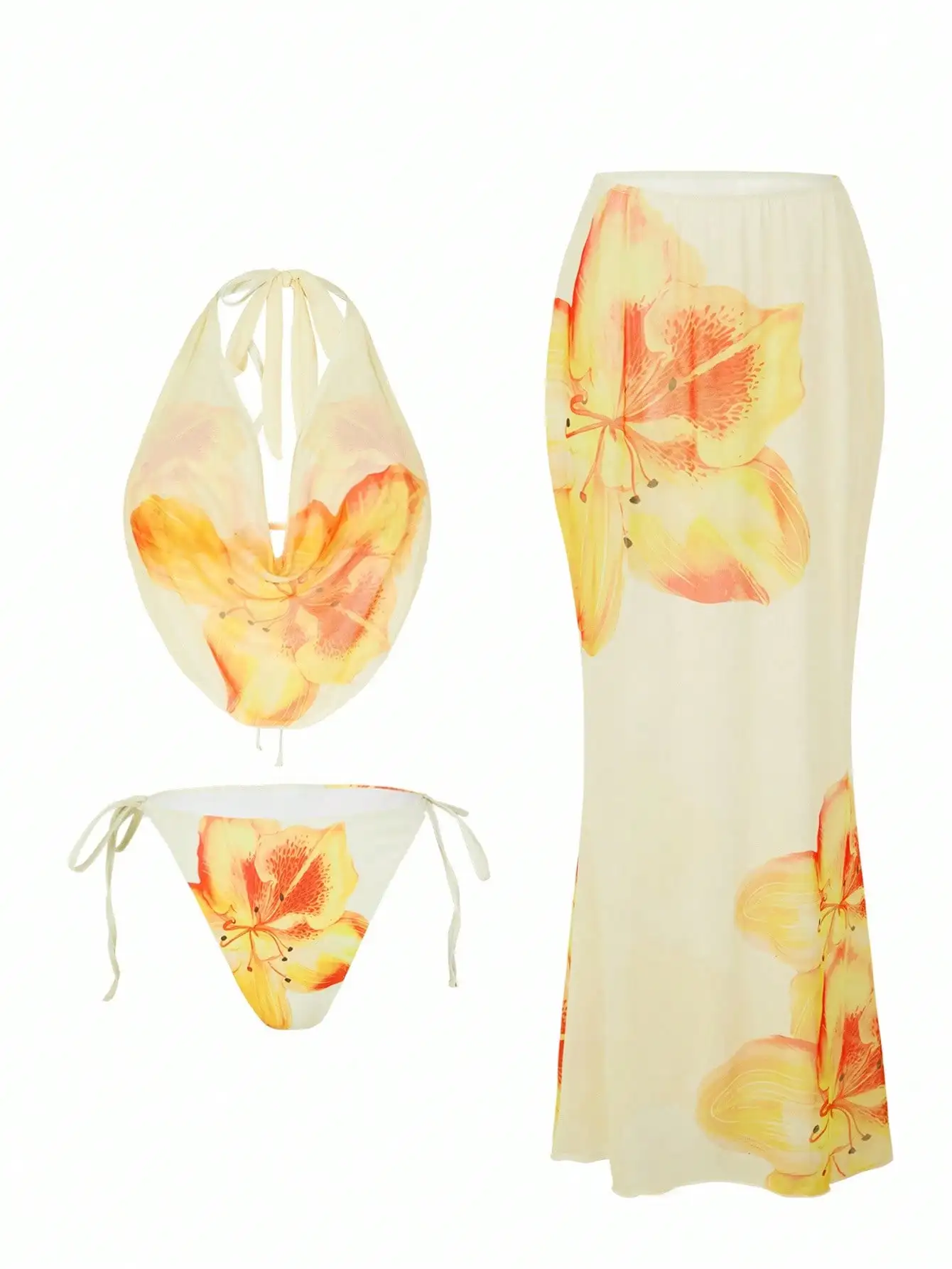 

Комплект бикини с цветочным принтом и длинной юбкой для летнего пляжного отдыха