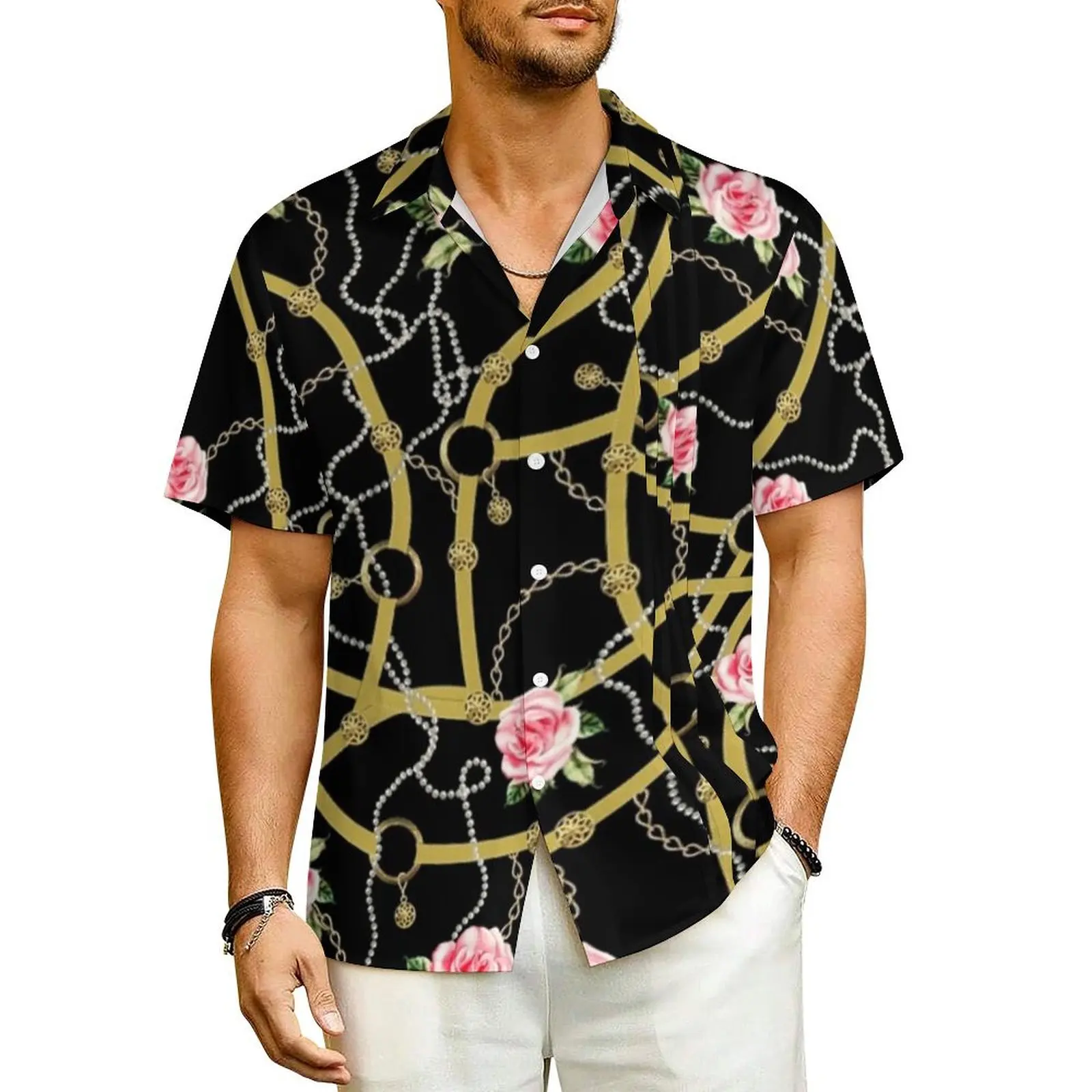 Golden Chains Beach Shirt Pink Roses Print Hawaiian Casual Shirts Man Vintage Blouses Short-Sleeved Stylish Custom DIY Clothes