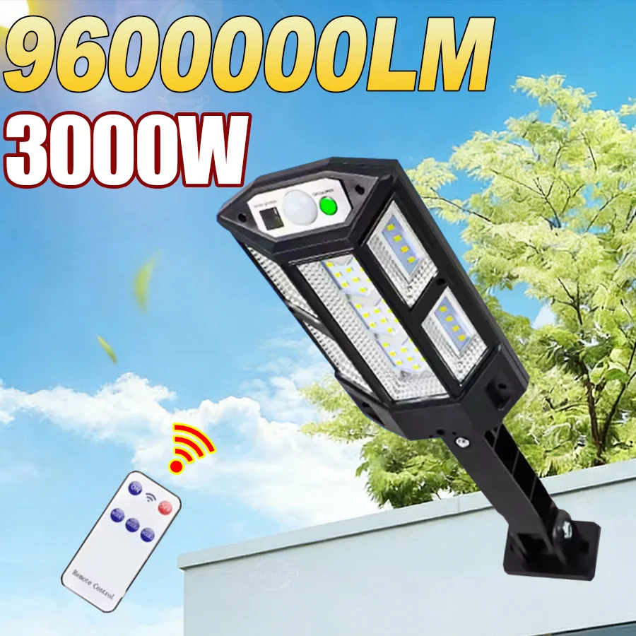 

9600000LM Наружные солнечные фонари Настенный светильник IPX65 Водонепроницаемый 3000 Вт Светодиодные фонари на солнечной энергии с дистанционным управлением Датчик движения