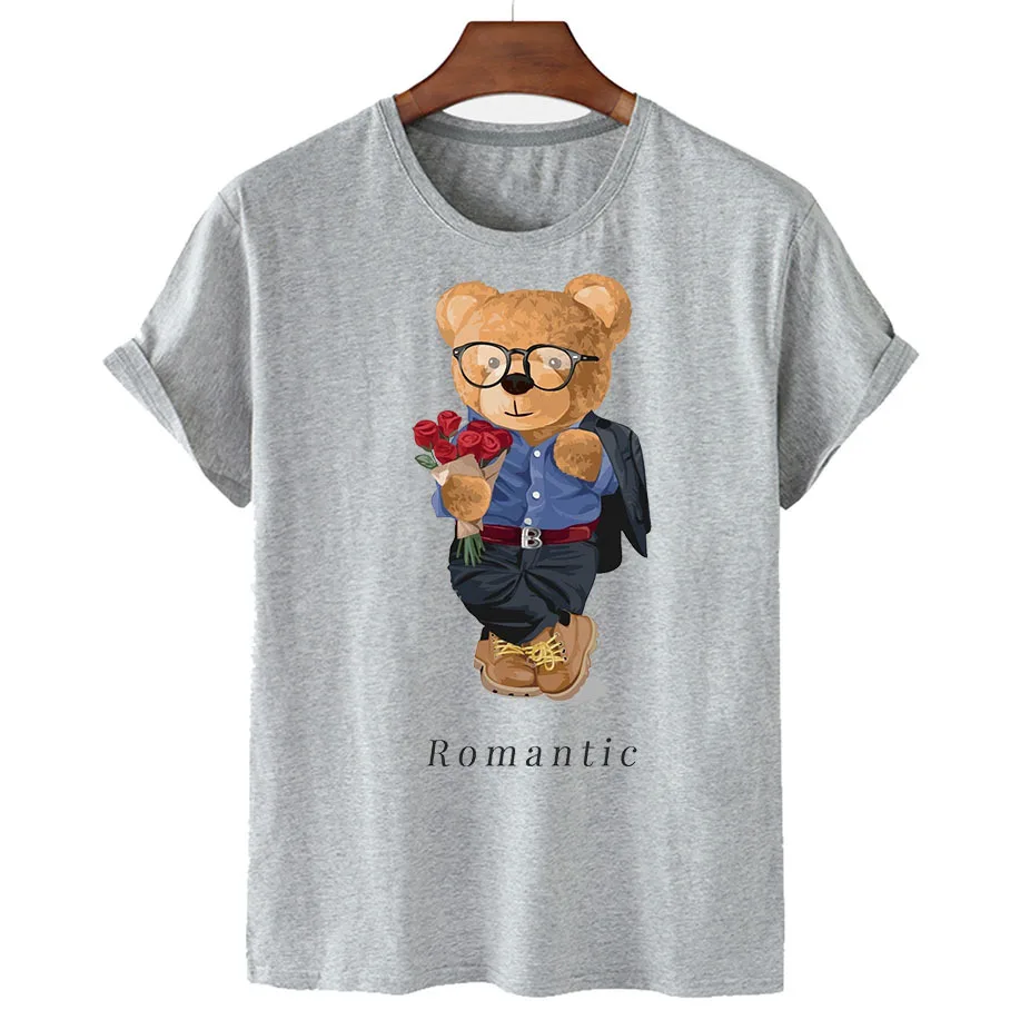 100% Cotton Romantic Bear Print T-shirt Women's Summer Short Sleeve T-shirt 2022 Women's Fashion Shirt Unisex O-neck T-shirt